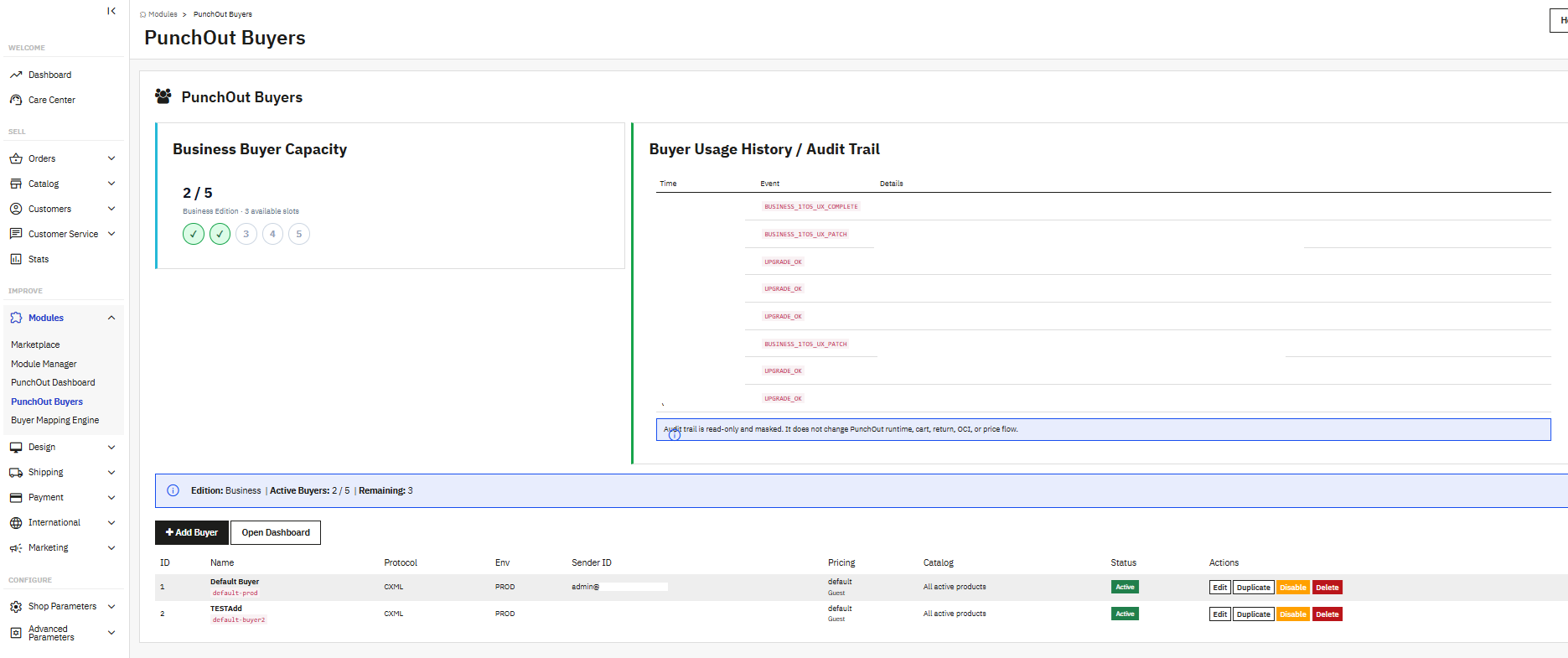 PunchOutHub Business 1:5 buyer capacity and audit trail screenshot