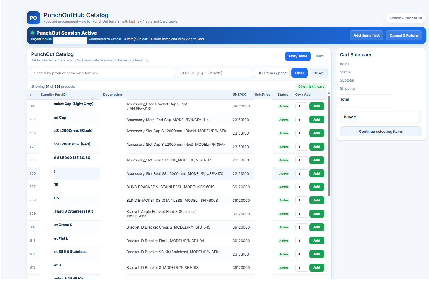PunchOutHub catalog connection example with active PunchOut session