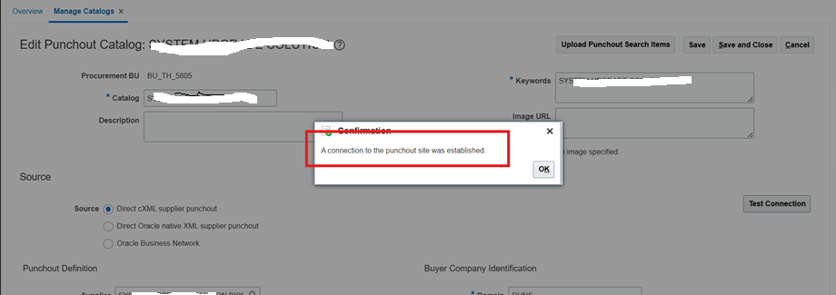 Oracle procurement catalog test connection confirmation showing that a connection to the punchout site was established